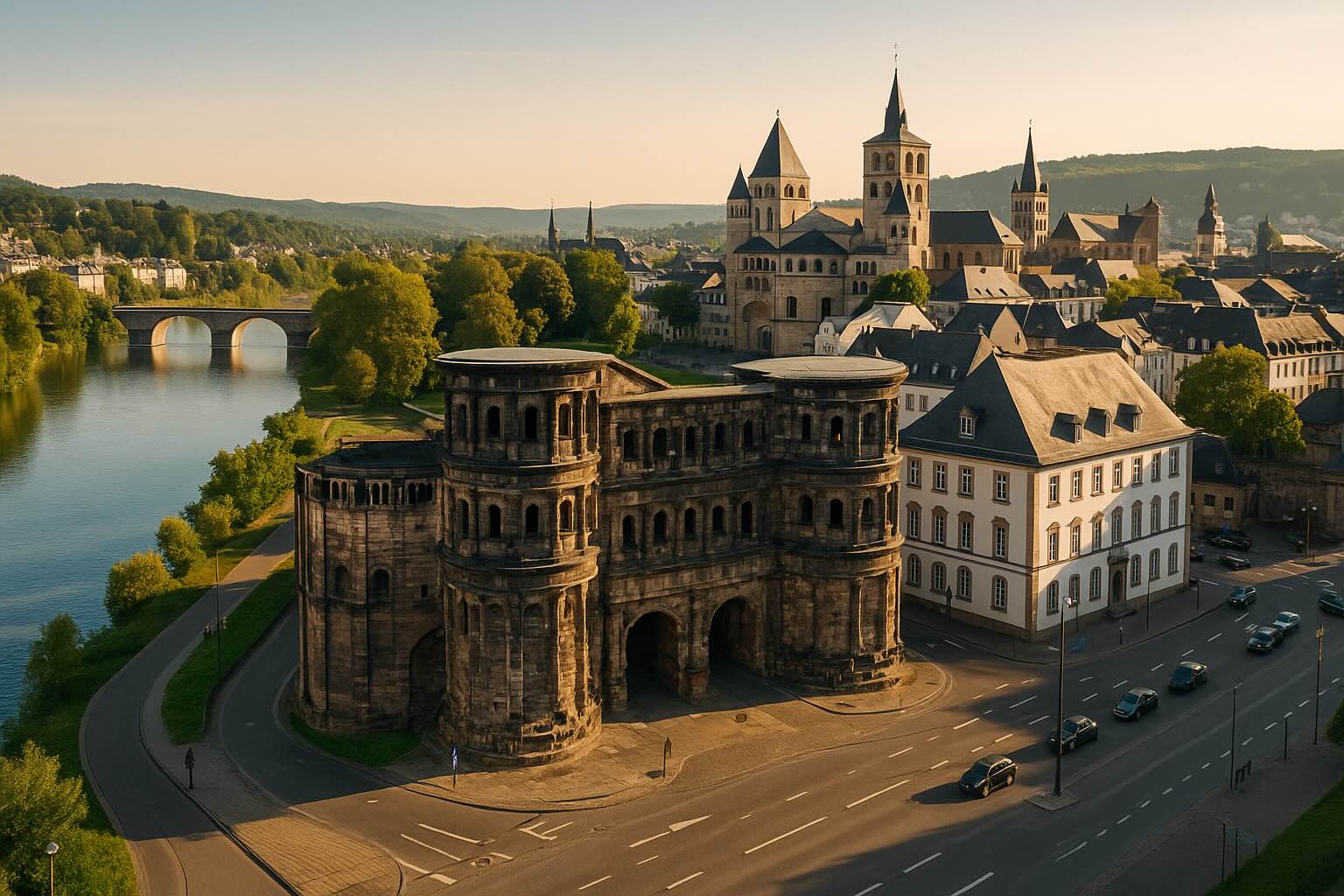 Blick über Trier mit Porta Nigra, Mosel und historischen Gebäuden